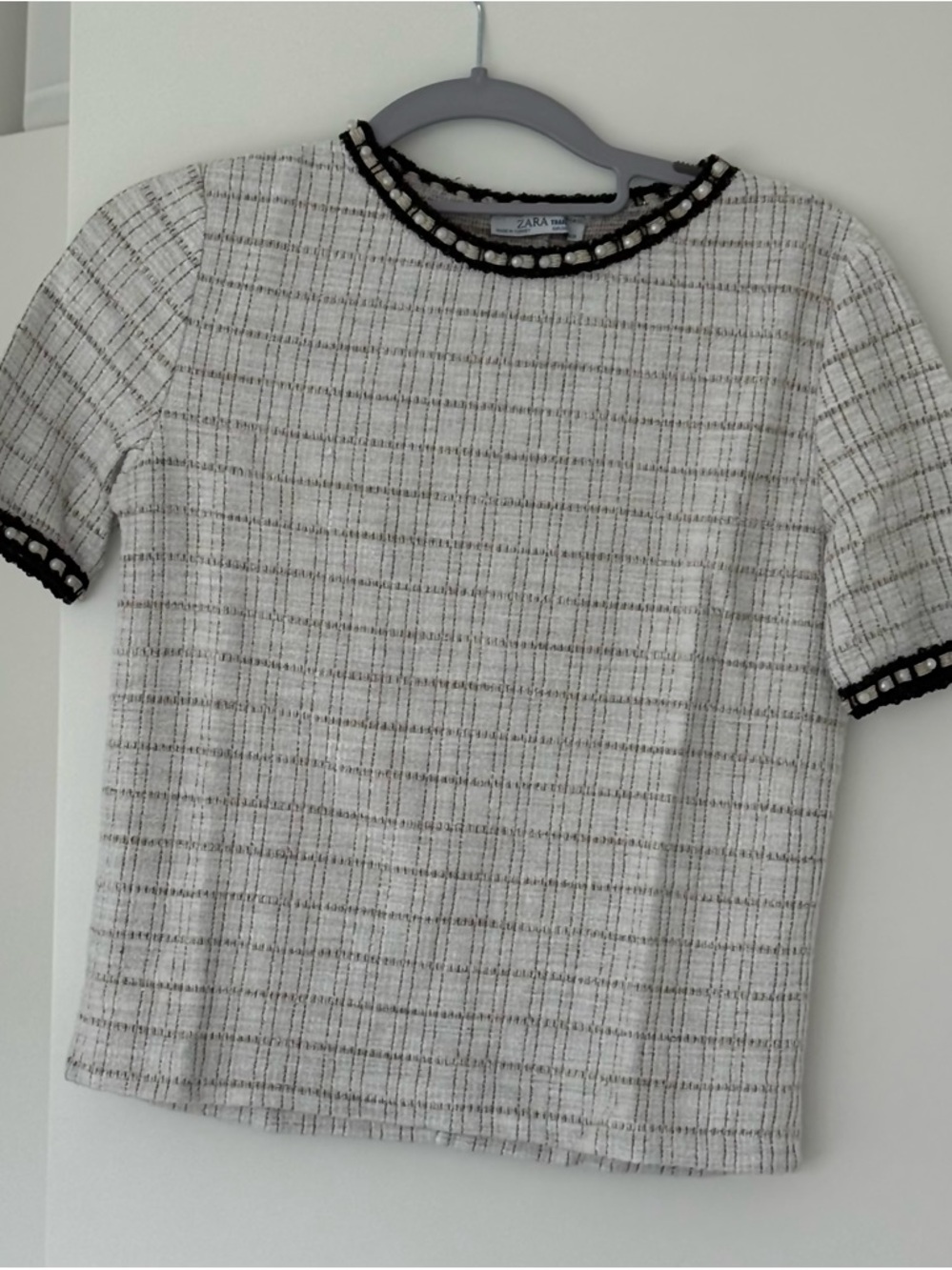 ZARA Trafaluc Cream Tweed Short Sleeve Top with Decorative Trim